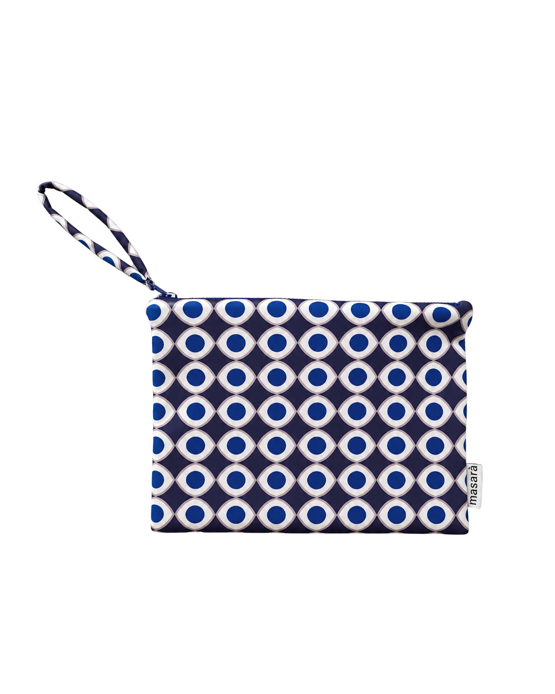 Navy blue pouch with white Blue and white geometric occhio print on a white background