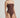 Brown strapless swimsuit worn by a model on a light gray background