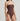 Brown strapless swimsuit worn by a model on a light gray background