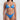 Woman wearing a blue bikini against a white background