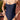 Navy blue swimsuit worn by a person with a blurred outdoor background