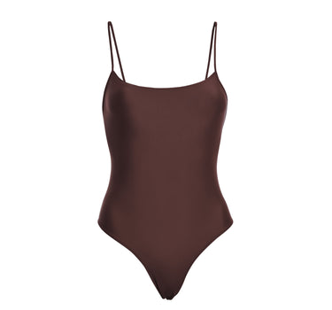 Niki One Piece tank swimsuit in chocolate brown, made in Italy from regenerated nylon, offering moderate coverage.