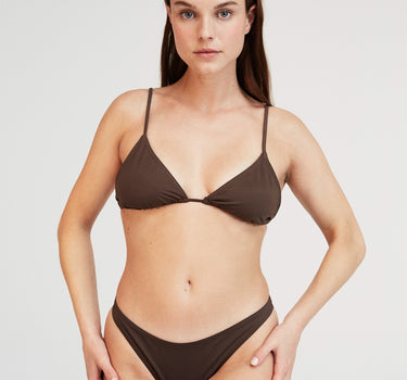 Coco Bikini top in chocolate brown, triangle, made from regenerated nylon, perfect for flattering curves.