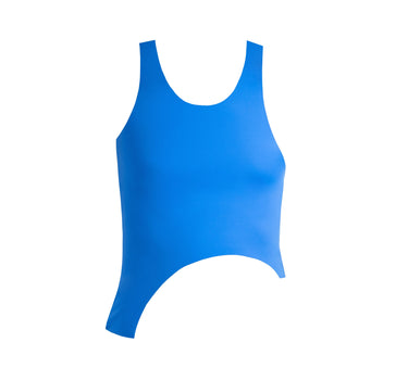 Sporty azure blue Sofia tank top with asymmetrical cut and seamless design, ideal for swimming and yoga.