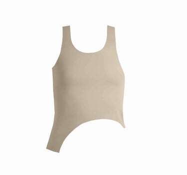 Asymmetrical beige tank top featuring a seamless design for maximum comfort and breathability, ideal for swim and workout.