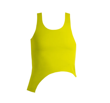 Asymmetrical green tank top featuring a seamless design for maximum comfort and breathability, ideal for swim and workout.