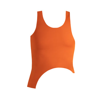 Paprika Orange Sofia tank top with asymmetrical cut and seamless design, ideal for swimming and yoga.