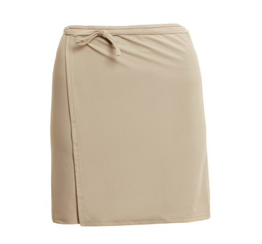 Yaya Beach Skirt in cappuccino beige, a wrap mini skirt made in Italy from quick-drying regenerated nylon, one size fits all.