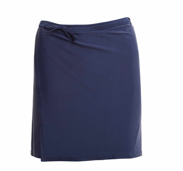 Yaya Beach Skirt in blueberry blue, a wrap mini skirt made in Italy from quick-drying regenerated nylon, one size fits all.