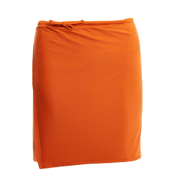 Yaya Beach Skirt in paprika orange, a wrap mini skirt made in Italy from quick-drying regenerated nylon, one size fits all.