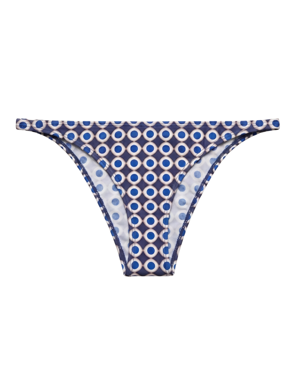 Blue and white geometric occhio print bikini bottom on a white background