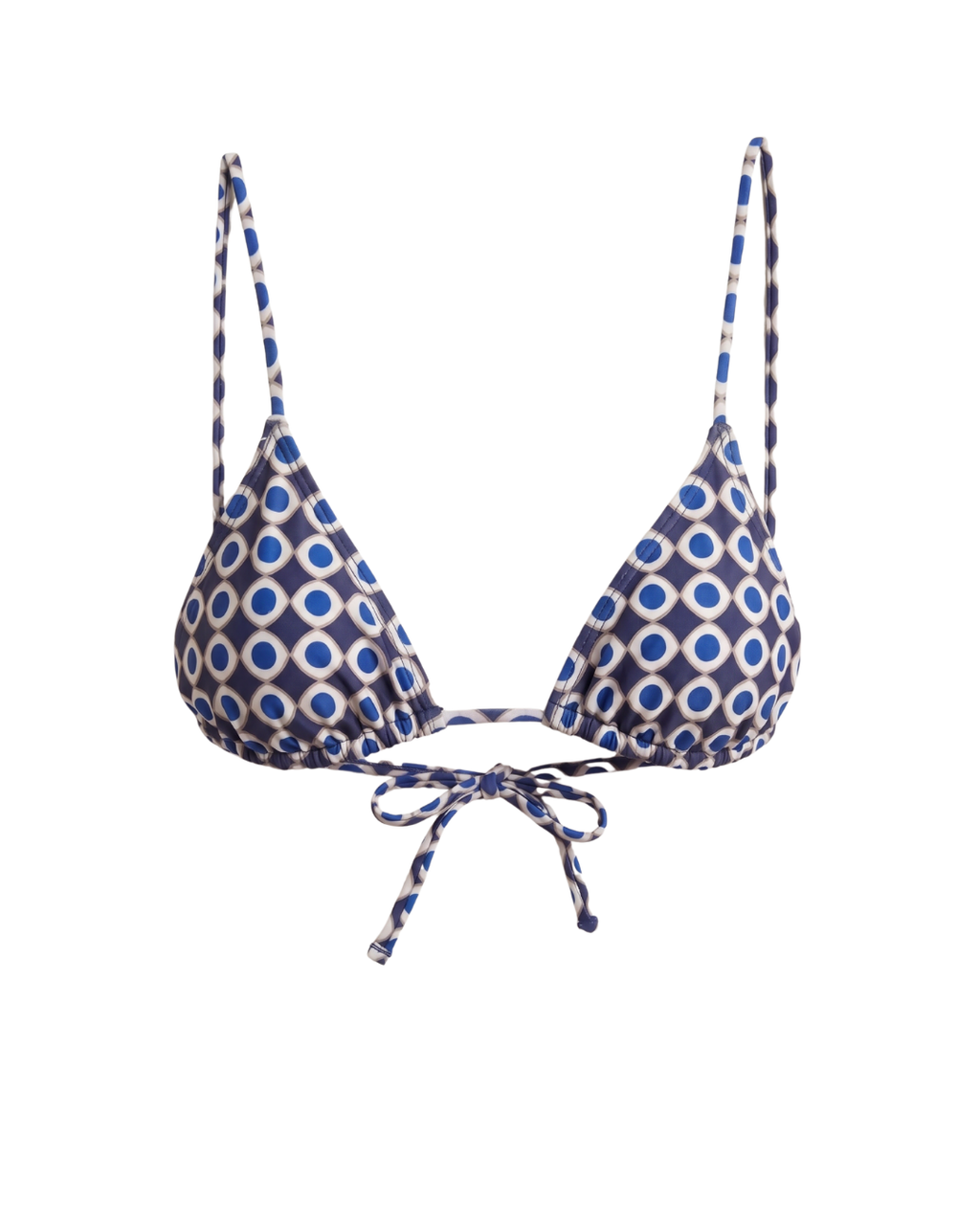 Blue and white geometric occhio print bikini top on a white background
