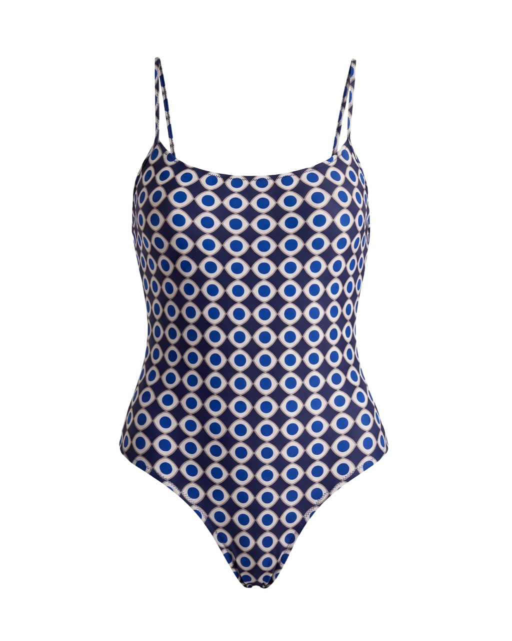 One-piece swimsuit with Blue and white geometric occhio print on a white background