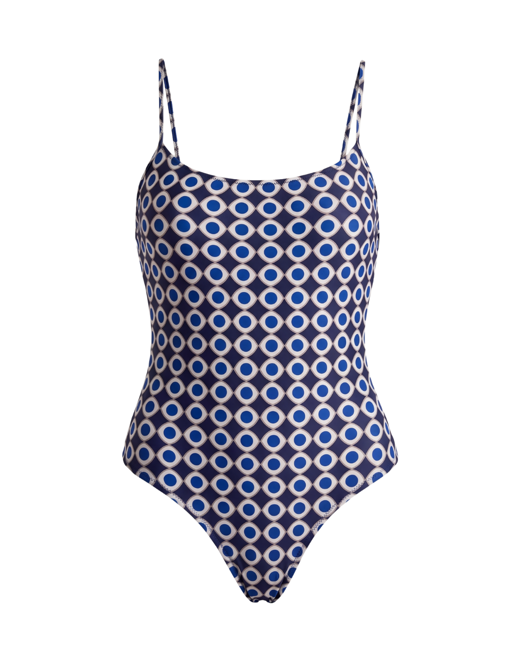 One-piece swimsuit with Blue and white geometric occhio print on a white background