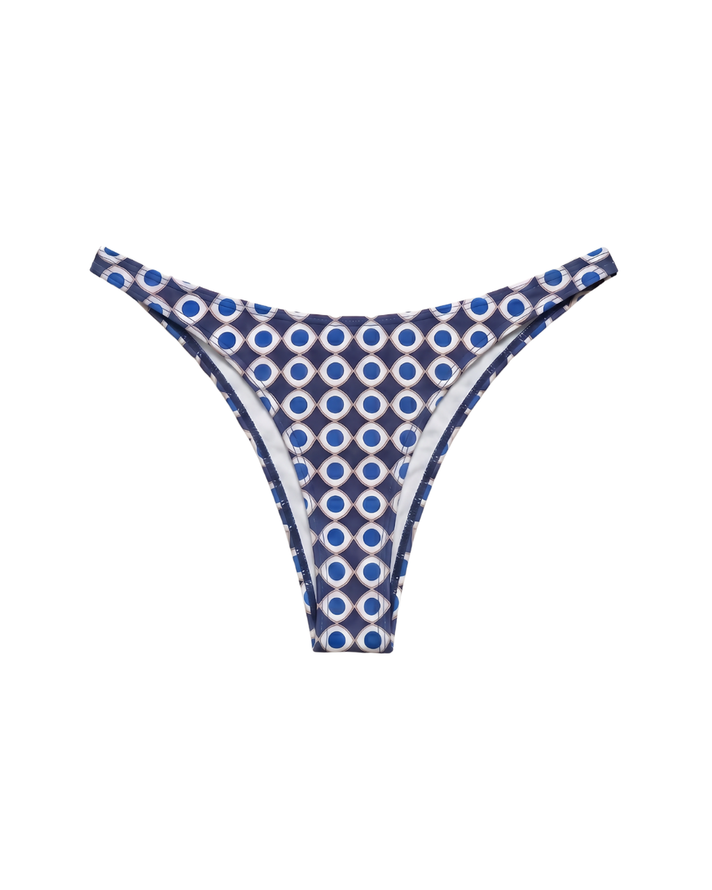 Blue and white geometric occhio print bikini bottom on a white background