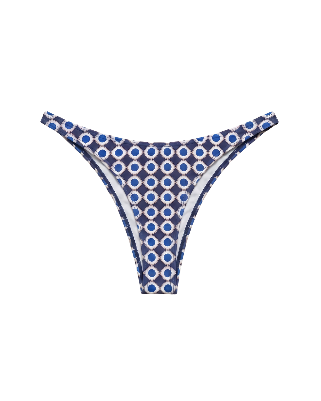 Blue and white geometric occhio print bikini bottom on a white background