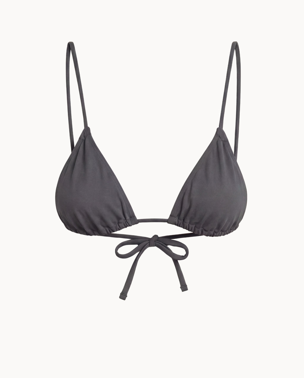 Gray triangle bikini top with thin straps on a white background