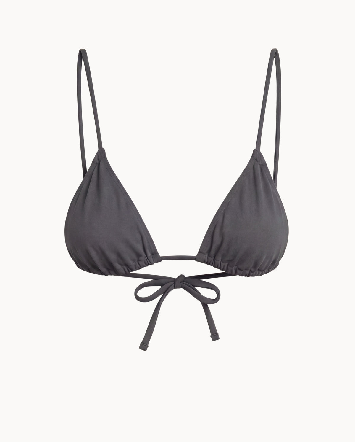 Gray triangle bikini top with thin straps on a white background
