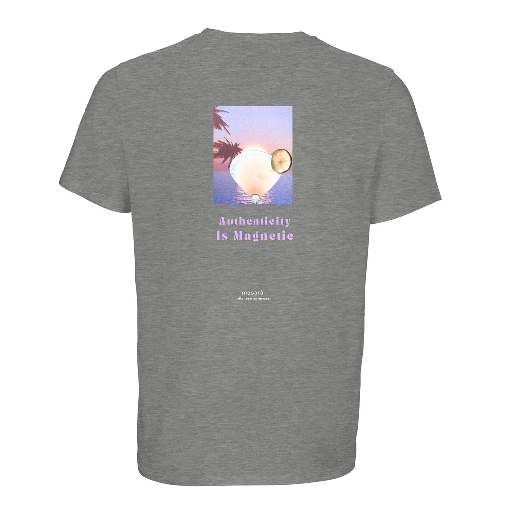 Magnetic Tee in Heather Grey, oversized unisex fit with a ribbed collar