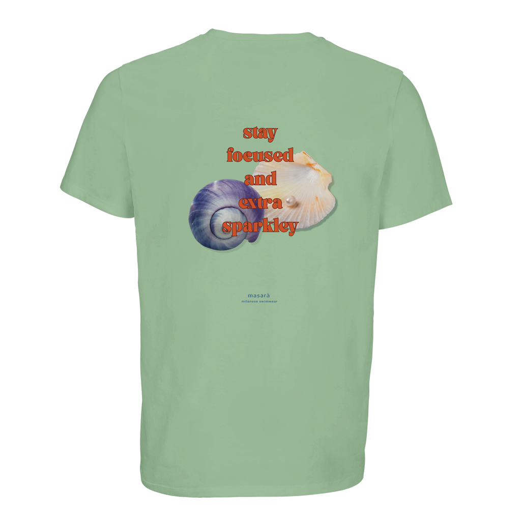 Sparkley Shell Tee with the stay focused and extra sparkley artwork printed on the back