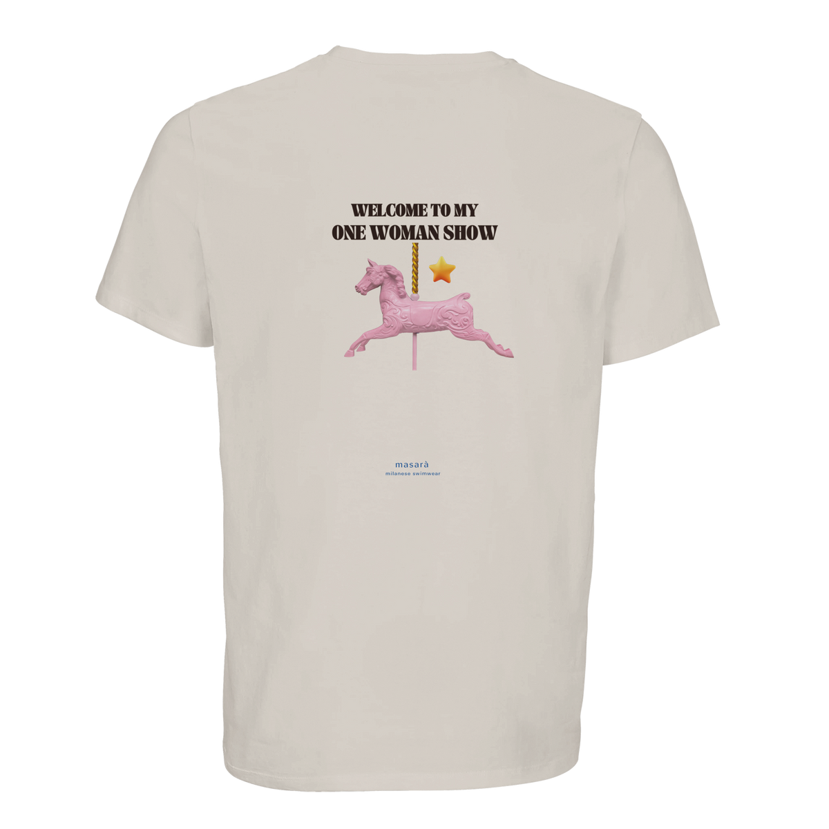 One Woman Show Tee in Off-White, oversized unisex fit with a ribbed collar